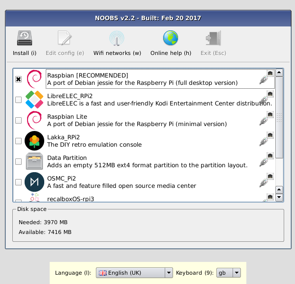 Raspbian installation selection